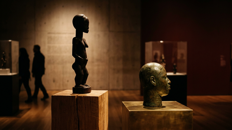 Warm gallery light on dark carved wood and dull brass forms suggesting West and Central African sculpture, no readable labels.