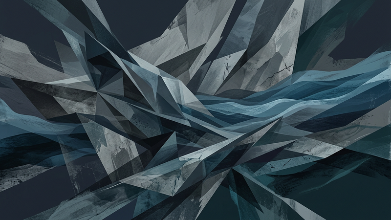 Abstract contemporary composition depicting fragmented glass panels and metallic structures symbolising institutional change and environmental tension
