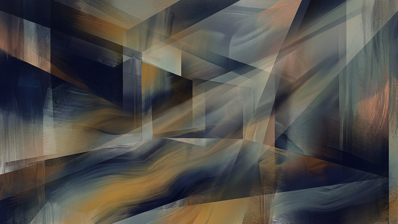 Abstract contemporary composition featuring fragmented geometric shapes in muted tones intersecting with flowing light trails
