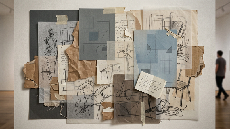 Abstract composition of layered papers, sketches and everyday objects in muted tones