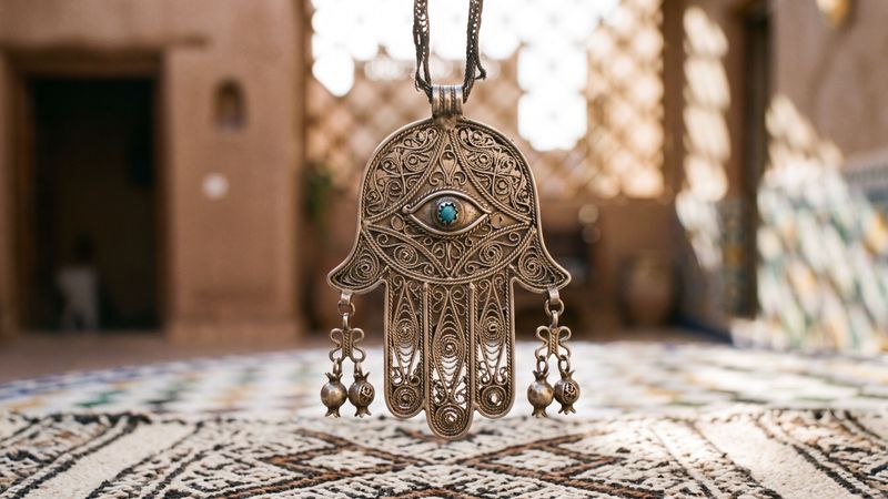 A silver khamsa (Hand of Fatima) amulet with filigree work, a protective symbol of North Africa