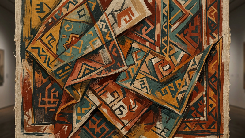 Abstract composition of interlaced crimson and indigo threads forming geometric patterns against a neutral background
