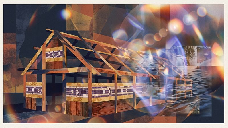 Abstract editorial illustration evoking Haudenosaunee longhouse forms and lens-based contemporary art in warm earth tones