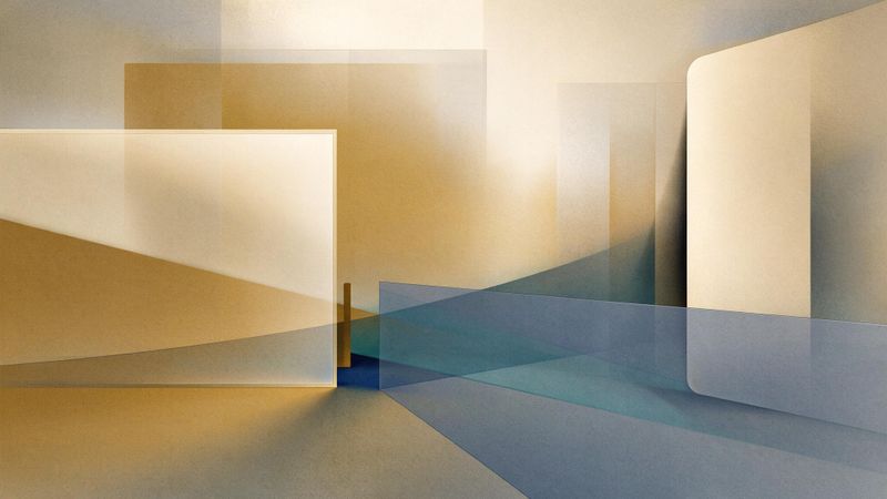 Abstract geometric composition in earthy tones and muted blues, suggesting architectural fragments and layered paper textures