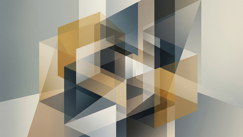 Abstract architectural composition of intersecting translucent planes and geometric gallery forms