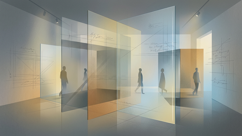 Abstract contemporary installation featuring mirrored corridors, projected bookshelves, and soft ambient lighting evoking themes of memory and reflection