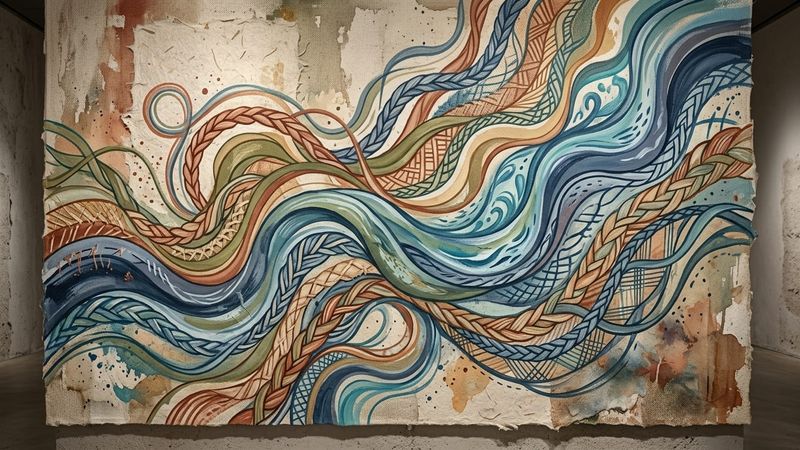 Abstract contemporary illustration depicting flowing waterways intertwining with woven textile patterns and organic forms, rendered in muted earth tones and cool blues.