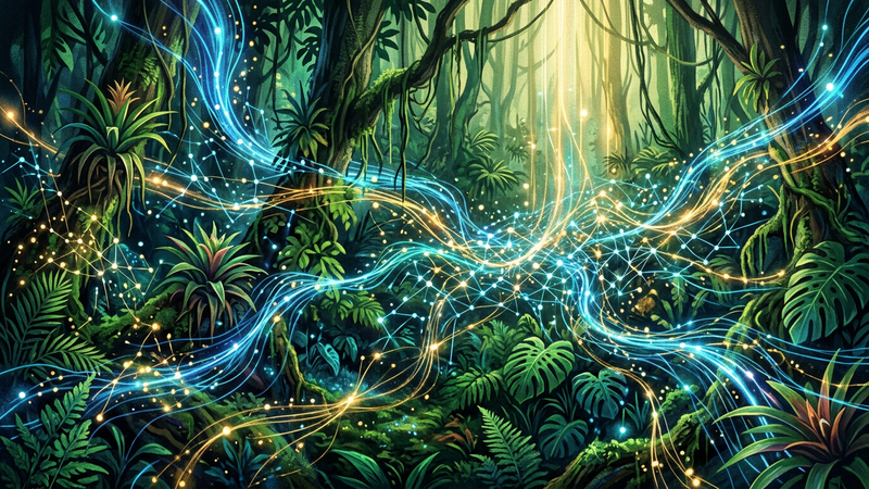Abstract visualisation of luminous data streams flowing through a dense, imagined rainforest canopy in vivid greens and electric blues