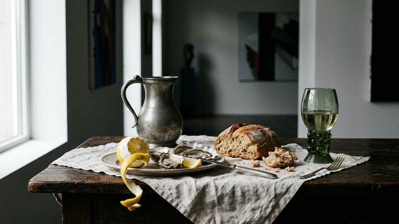 Oak table with pewter jug, lemon peel, bread and a green glass roemer under a single window light, no people, shallow studio set.
