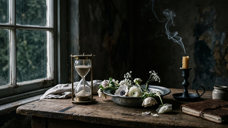 Oak table still life with hourglass, pewter, wilting flowers and a snuffed candle in north window light, suggesting vanitas without copying a named painting