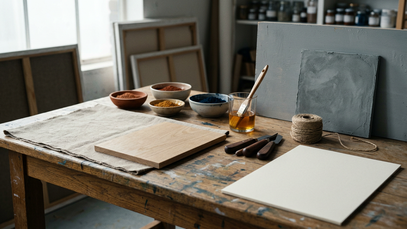 Studio table with oak panel, linen canvas, bronze-coloured metal offcuts, woodblock tools and pigment bowls in cool north light, no readable labels