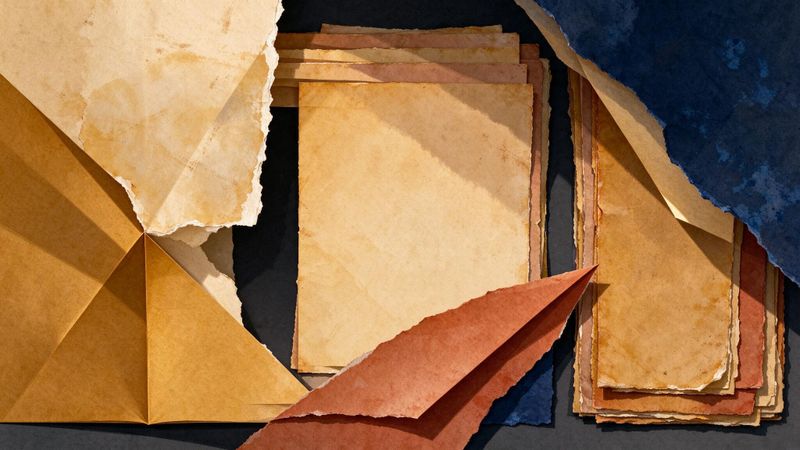 Abstract geometric composition featuring layered paper textures in earthy ochre, terracotta, and deep indigo, evoking archival manuscripts and contemporary African motifs