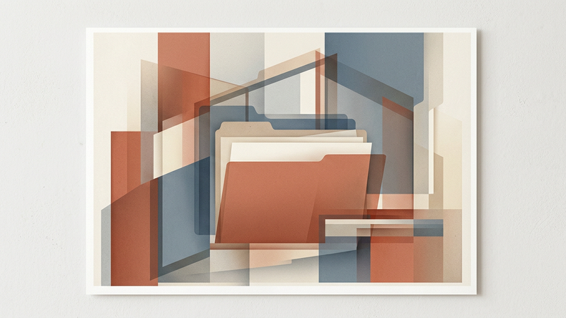 Abstract contemporary composition featuring layered geometric shapes in muted ochre and slate blue, evoking gallery walls and archival files