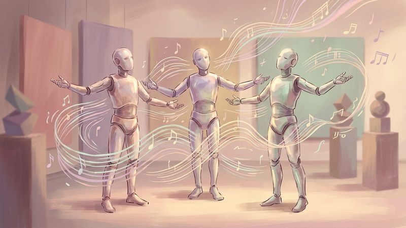 A softly lit gallery scene with humanoid robots performing gentle movements, surrounded by abstract sound wave visualisations and warm ambient lighting.