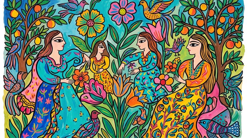 A gouache painting of women and nature in vivid colour, in the style of Algerian modernist Baya Mahieddine