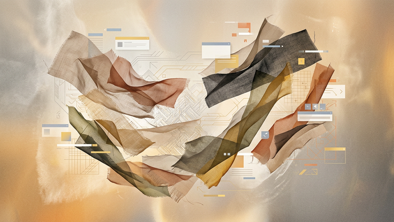 Abstract editorial illustration of layered translucent textile fragments and overlapping digital weave patterns floating in a warm amber space, suggesting circulation and collective making.