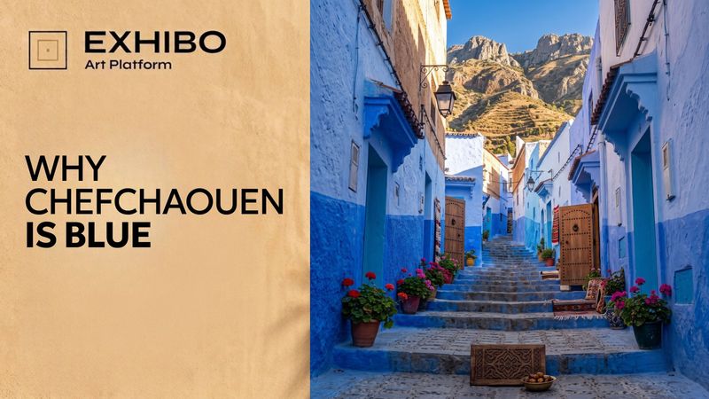 A steep stepped lane in the Chefchaouen medina, its walls washed in overlapping shades of blue, with the Rif mountains rising beyond.