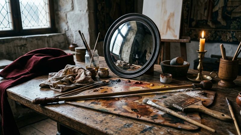 Candlelit studio corner with a dark convex looking-glass on an oak table, a wooden palette with mixed earth pigments, hog-hair brushes and a fur-trimmed sleeve at the edge of the frame, no face shown.