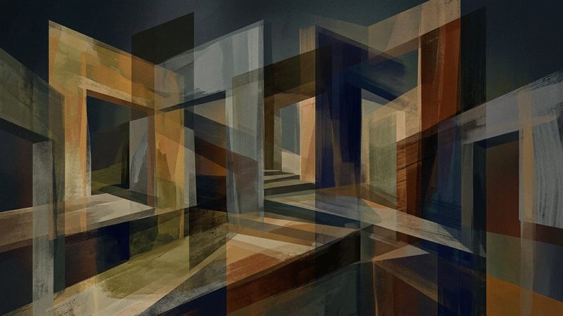 Abstract contemporary installation featuring layered thresholds and muted tones suggesting transitional space