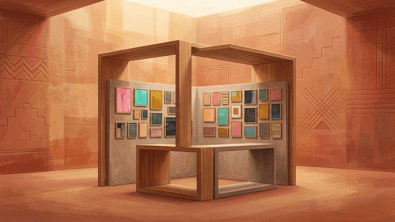 Contemporary art installation featuring small-scale works arranged in kiosk-style display format
