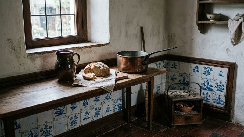 Sunlit plaster kitchen corner with an earthen jug, broken bread on a wooden table, and a copper pan by a leaded window, no figures.