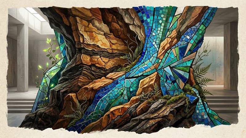 Contemporary art installation view showing sculptural forms emerging from cave-like environment with mosaic elements and organic growth