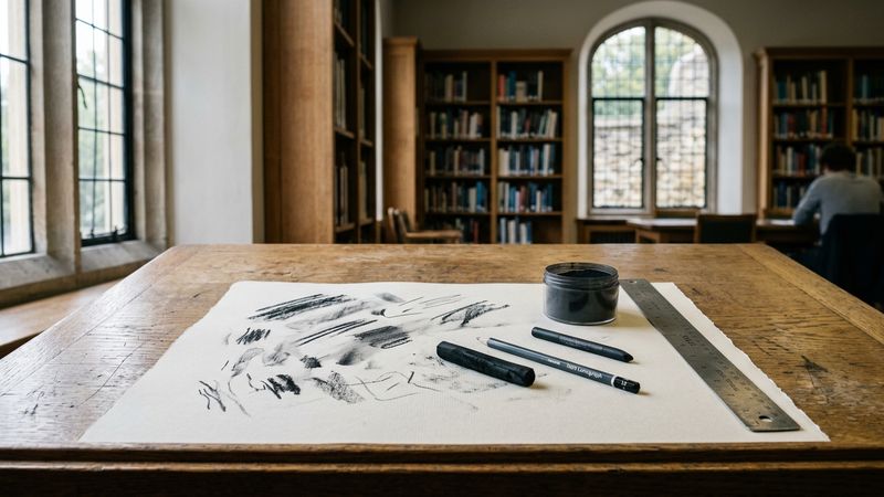 Charcoal sticks, a kneaded eraser and a sheet of laid paper on an oak table under cool north-window light, with a few trial strokes visible at the paper’s edge.