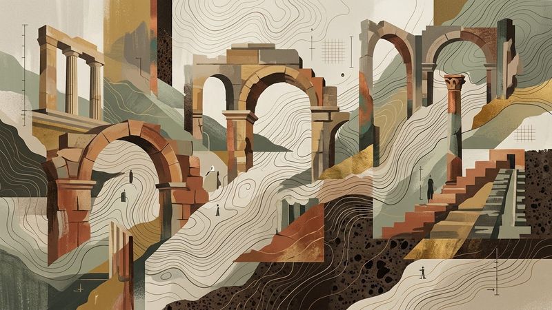 Abstract contemporary illustration of fragmented stone arches and mountain silhouettes representing global heritage sites under preservation review