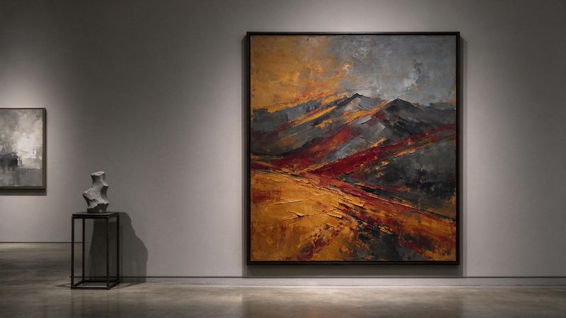 Abstract contemporary painting featuring bold palette knife textures and earthy tones against a minimalist gallery wall