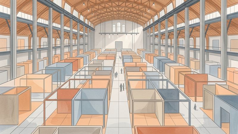 Abstract geometric illustration in muted tones suggesting a fairground layout with sparse gallery booths
