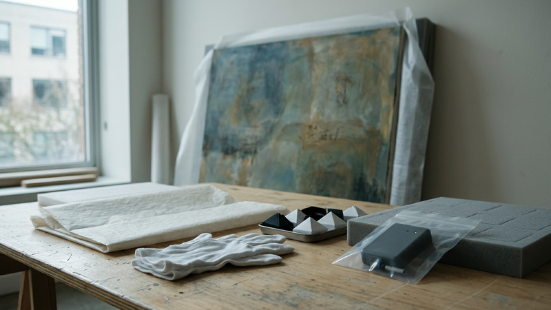 Studio still life of gloves, tissue, corner protectors and packing foam in north window light, suggesting art care without readable labels