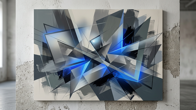 Abstract digital animation and mural textures merging in a bright gallery space