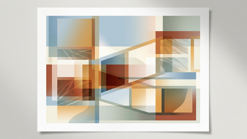 Abstract editorial illustration featuring overlapping translucent geometric shapes in muted blues and ochres, evoking cinematic frames and illustrated panels without branding or typography.