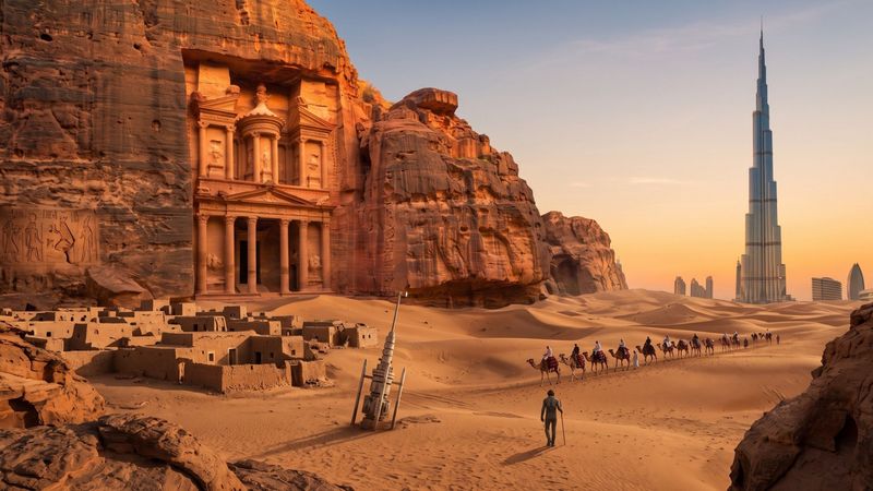 A photo-realistic desert panorama blending ancient (Petra-like facade, camels) and futuristic (Dubai skyline, spacecraft, landspeeder) elements, under a two-moon sky.