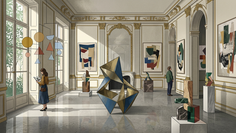 Contemporary art installation in historic Parisian building interior with abstract sculptures