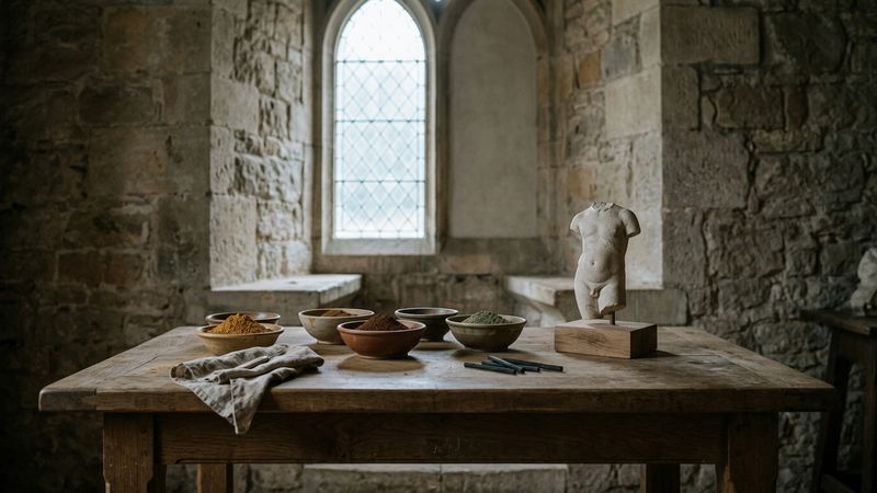 Sunlit stone workshop table with oak panels, earth pigments in ceramic bowls, and a plaster putto torso by a tall arched window, no people.