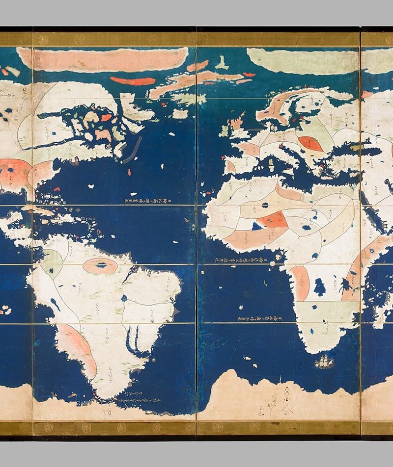 Pair of Namban Screens with Maps of the World and Japan