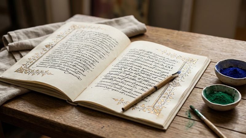Open Islamic-style manuscript folio with gold illuminated margins and Arabic script lines on cream paper, reed pen and pigment bowls beside it, warm conservation-table light.