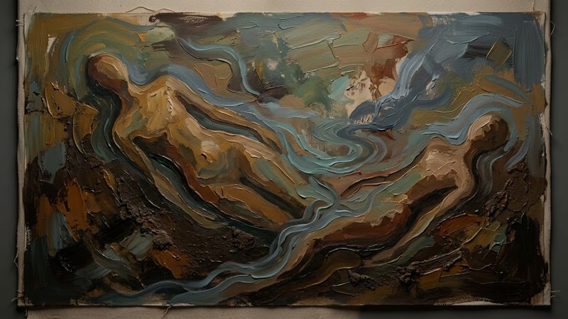 Abstract representation of earth imprints and flowing water in warm ochre and deep black tones