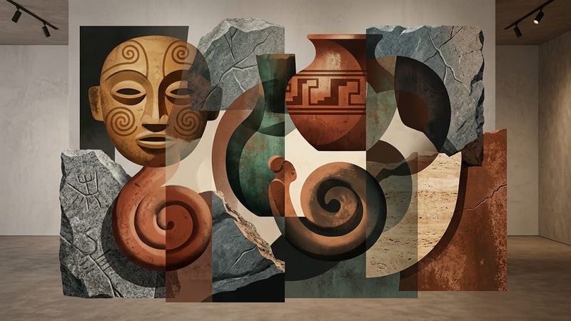 Pre-Columbian ceramic vessels and stone sculptures displayed in museum gallery setting with warm lighting