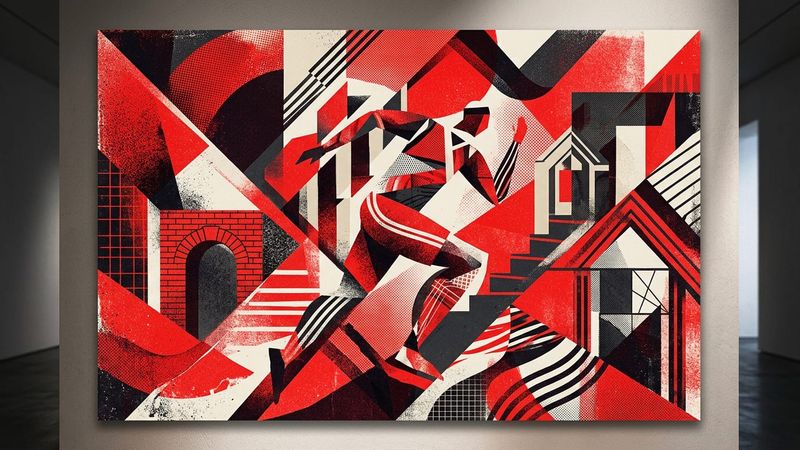 Abstract composition featuring bold red geometric forms intersecting with architectural lines, referencing both streetwear aesthetics and educational themes