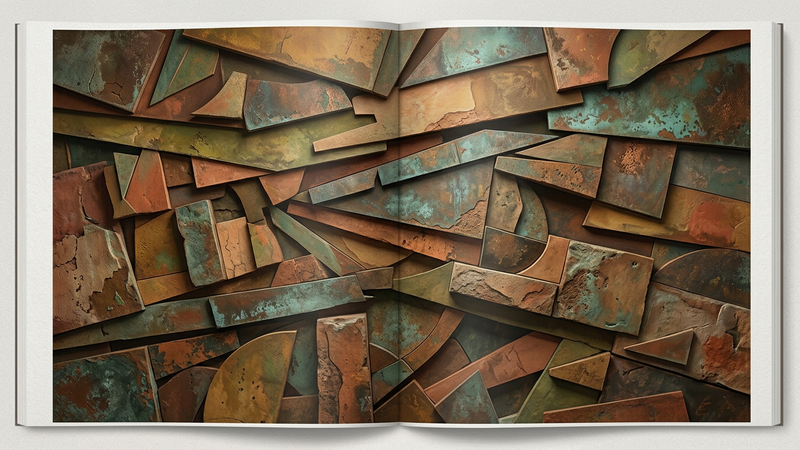 Abstract composition depicting fractured stone tablets and golden fragments arranged in a modern gallery setting