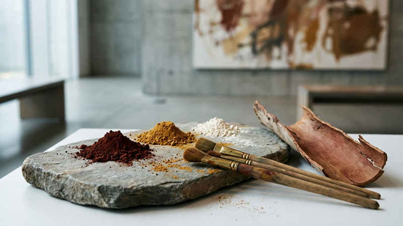 Soft gallery light on ochre pigments, bark texture and fine brush fibres arranged on a neutral archival table, no sacred designs
