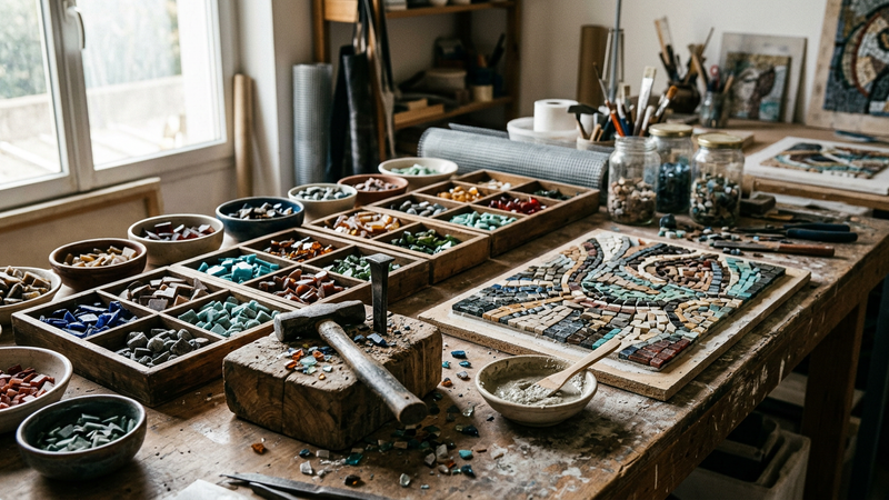 Workshop table with hand-cut glass tesserae in sorted trays, hammer and hardie, and a lime mortar sample board under raking light.