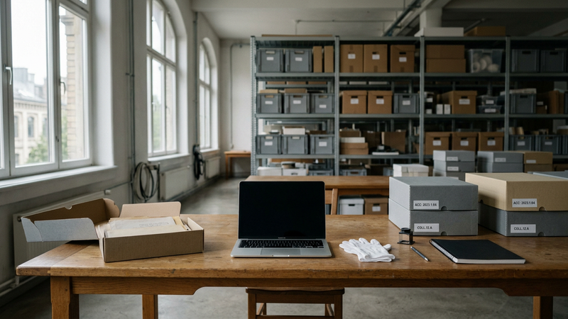 Quiet museum workroom with archival boxes, cotton gloves and a laptop on a long table, cool daylight from high windows, soft focus on shelving beyond