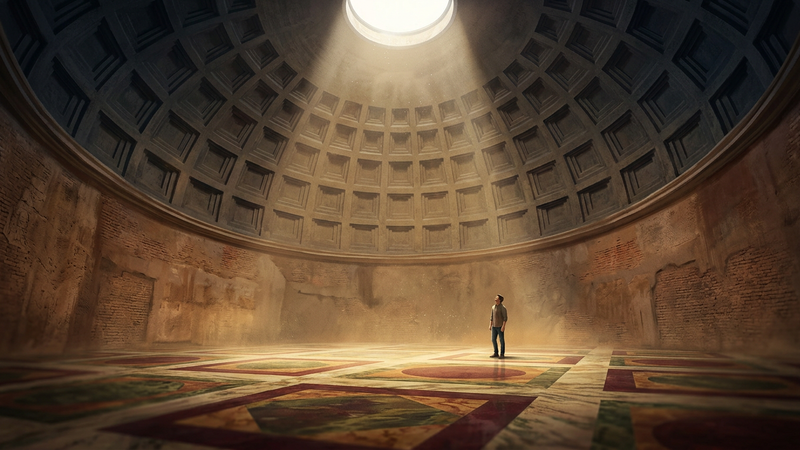 Sunlit Roman concrete interior with coffered dome curve, coloured marble floor geometry and a shaft of oculus light, no figures.