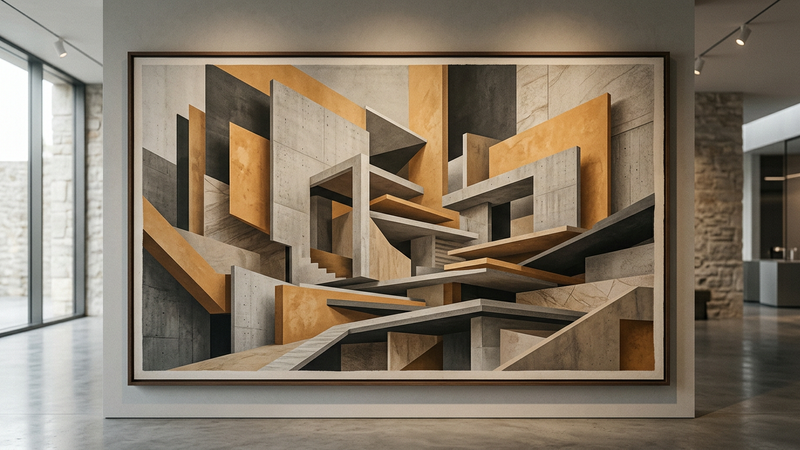 Abstract contemporary architectural rendering of a modern museum facade with geometric light patterns and clean lines
