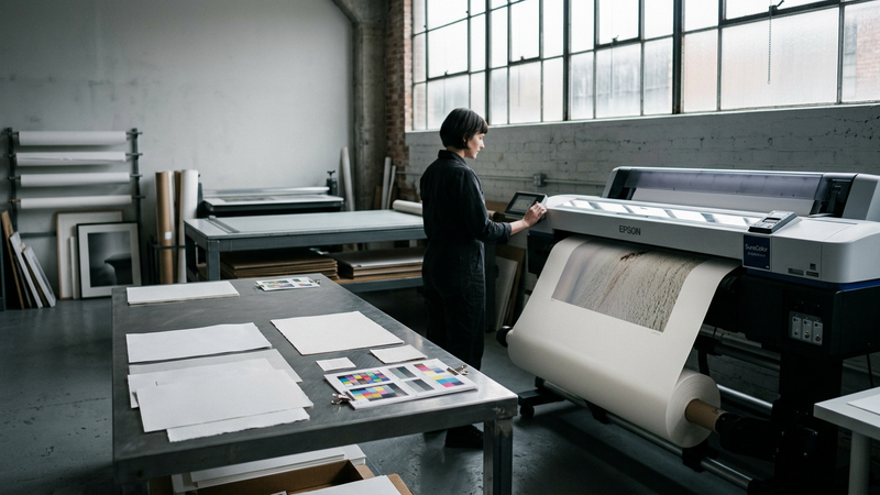 Wide-format pigment inkjet printer feeding cotton rag paper in a fine-art print studio, with colour test strips on a side table under neutral daylight.