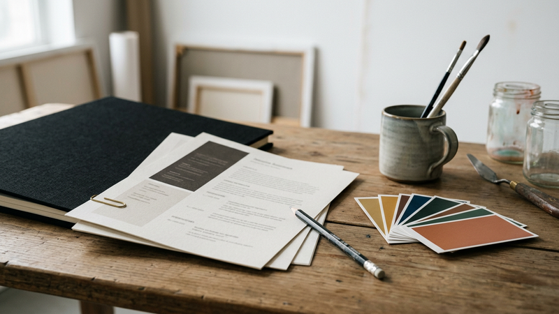 Studio desk still life of portfolio binder, blank documents and colour cards in north window light, suggesting an artist career guide without readable text