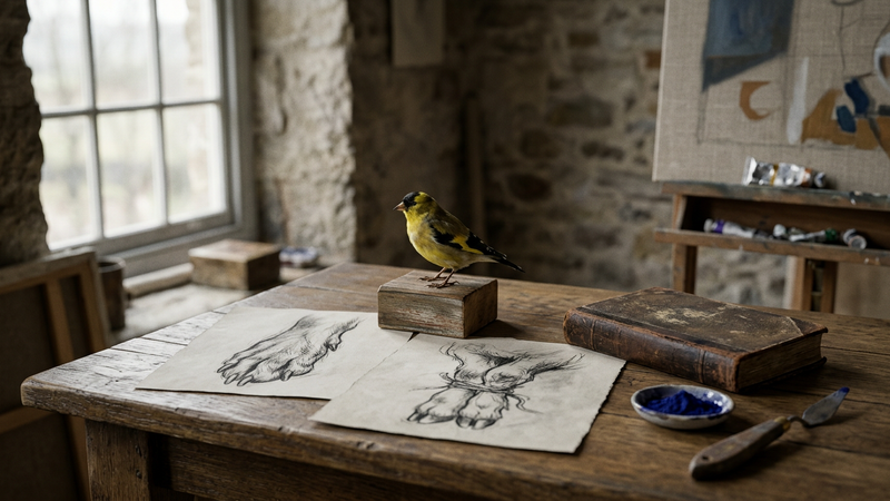 Candlelit workshop table with a small stuffed bird, a sheet of studies of paws and a closed bestiary-like book with illegible marks, cool north window light.